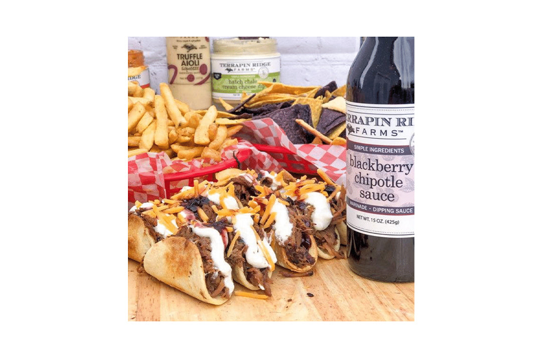Blackberry Chipotle Pulled Pork Mini Tacos with Terrapin Ridge Farms Blackberry Chipotle Blackberry Chipotle Pulled Pork Mini Tacos with Terrapin Ridge Farms Blackberry Chipotle